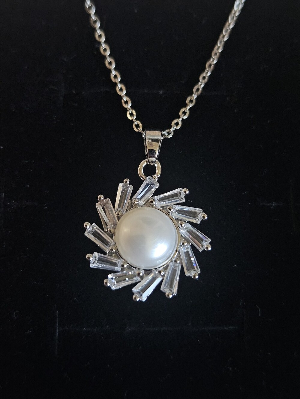 Freshwater Pearl Sunburst Pendant Necklace In Silver Tone